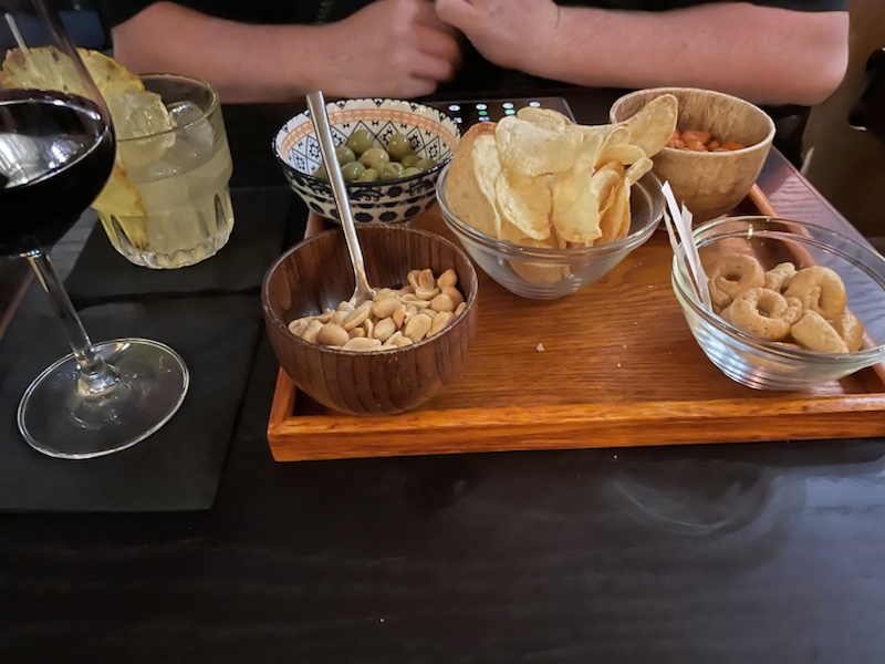 The cocktails at Pigato, Milan, Italy were very good and came with a tasty array of snacks.