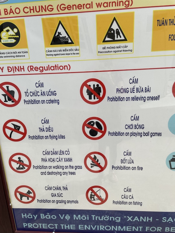 Nha Trang beach has many prohibitions, all helpfully listed in this sign.