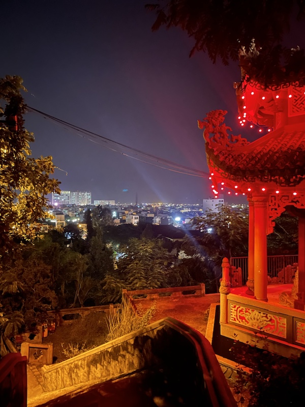 The Big Buddha at the back of the Long Son Pagoda, and the view back over the city 