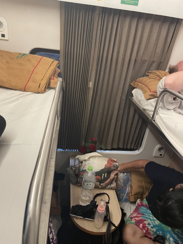 Sleeper train from Nha Trang to Da Nang, Vietnam. Our 4-berth cabin on the sleeper train, which ended up sleeping 7 of us! 