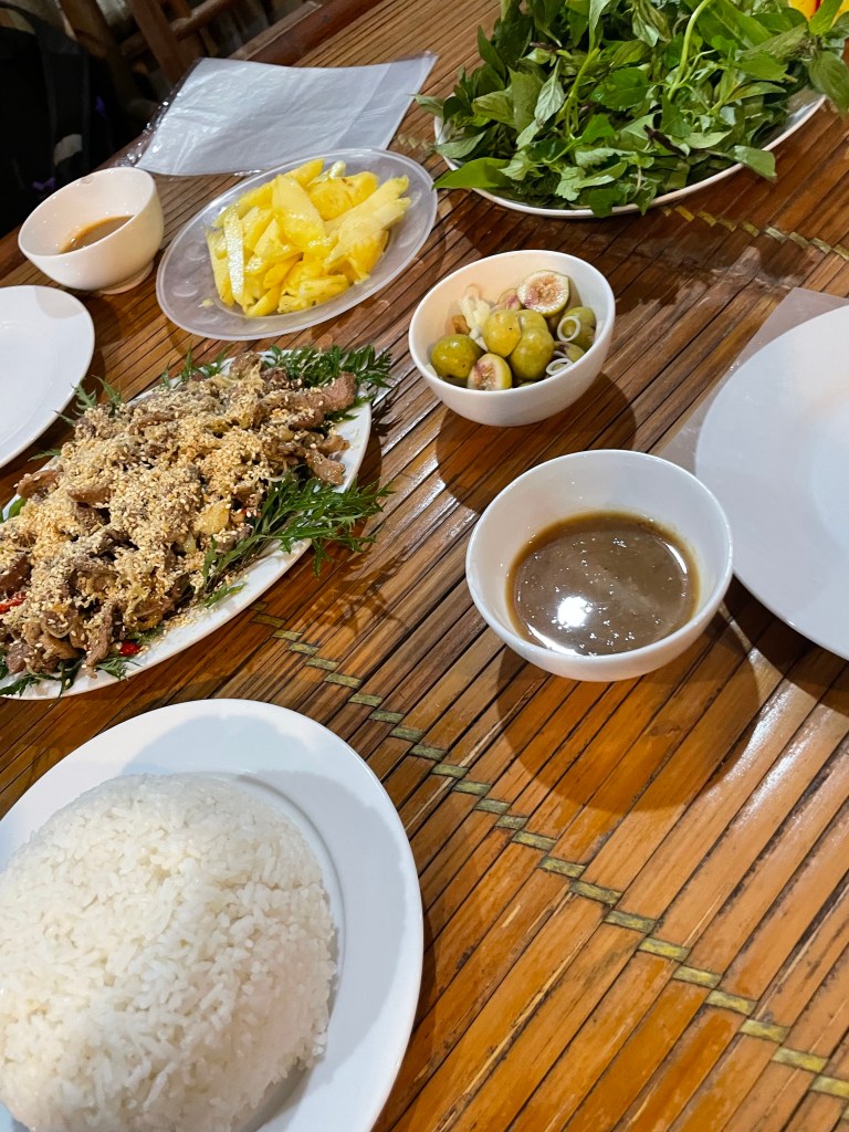 Our goat and spring rolls at Nhà Hàng Đức Dẫn, Tam Coc
