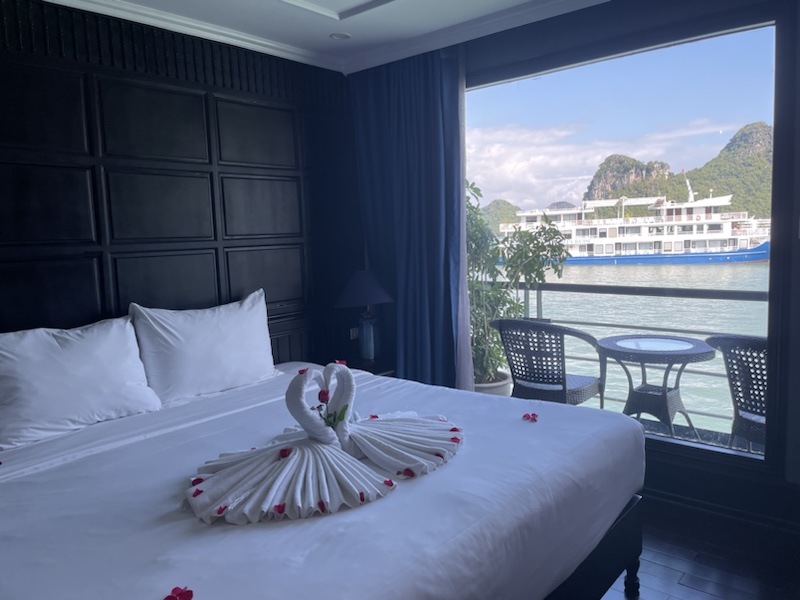Our cabin with its private balcony, on Rosy Cruises, Halong Bay, Vietnam