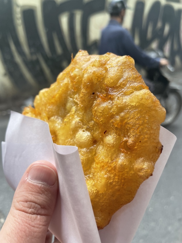 The slightly bland corn fritter from the street vendor, Hanoi, Vietnam
