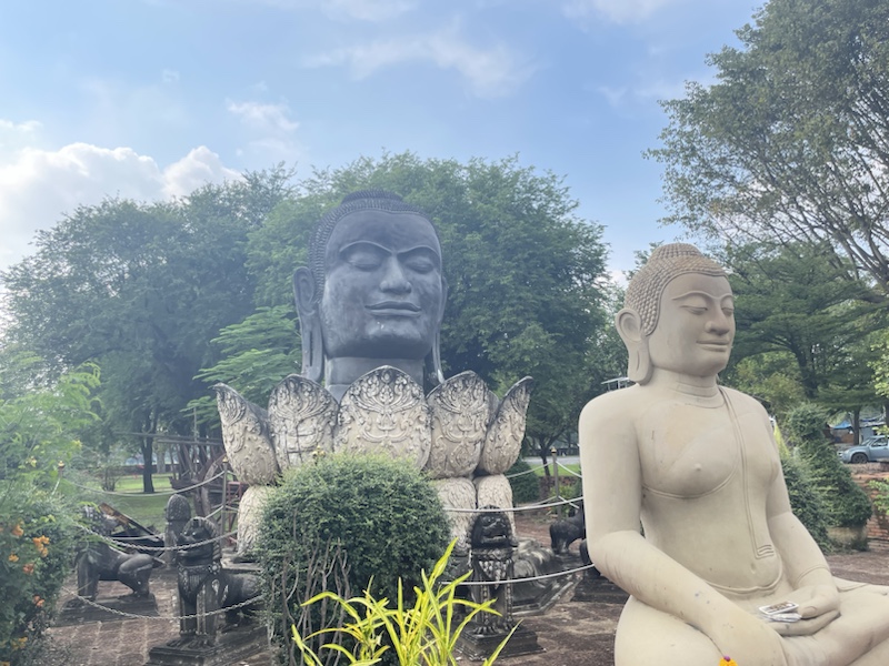The Buddha head on a lotus flower outside Wat Thammikarat, Ayutthaya, Thailand 