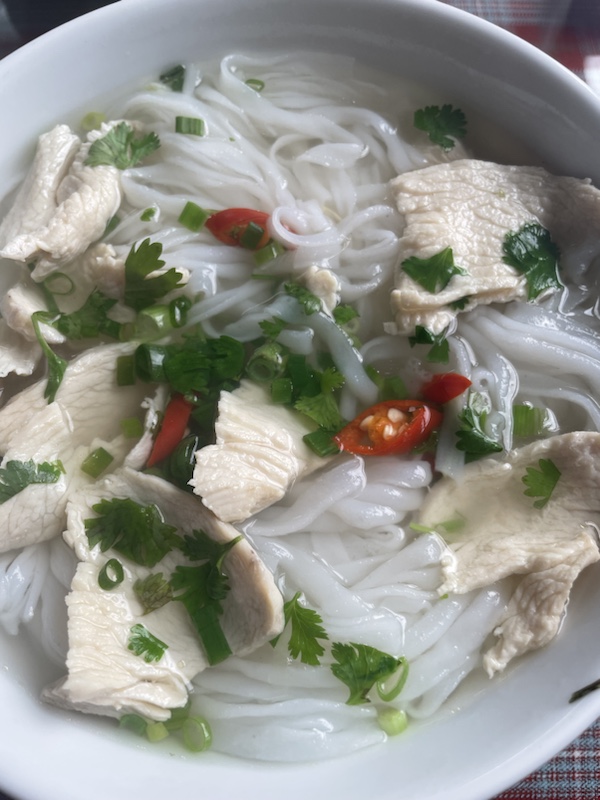 Our breakfast of chicken pho at Tamcoc Vuthanh Friendly Family hotel, Tam Coc, Ninh Binh, Vietnam