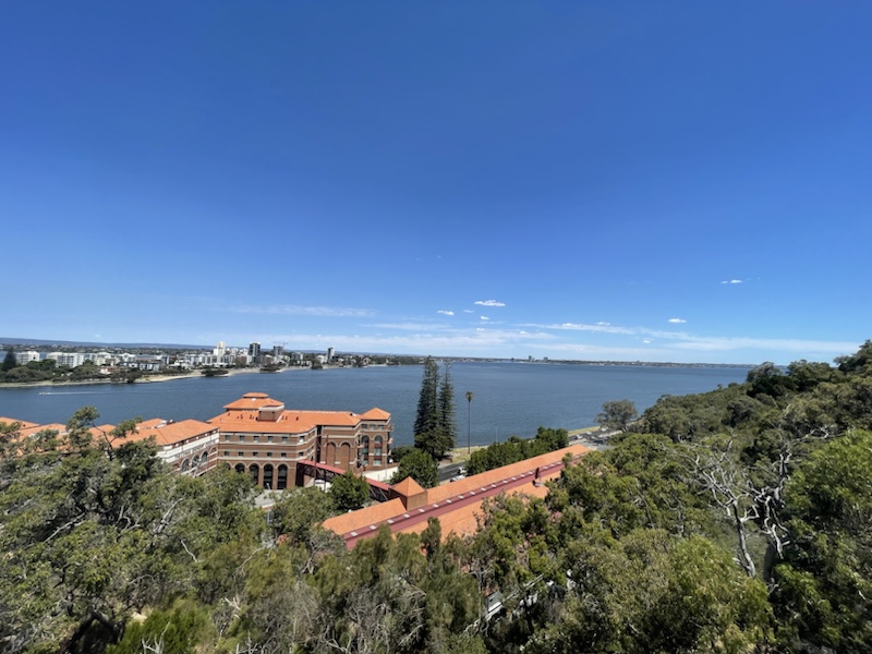 The elevated Lotterywest Federation Walkway Glass Arched Bridge in Kings Park, Perth, Western Australia