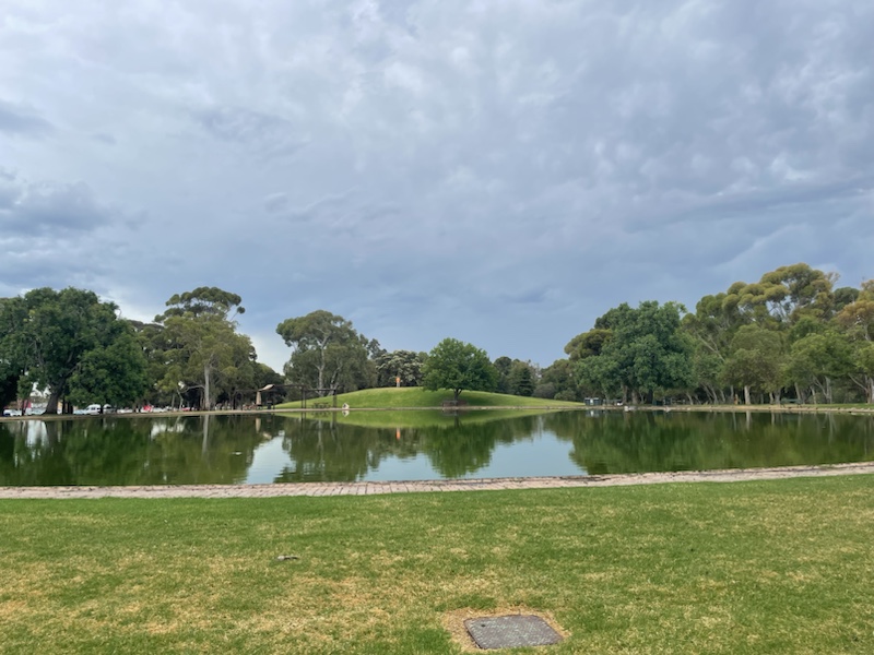 The weather was starting to brighten up as we walked through Bonython Park, Adelaide, South Australia